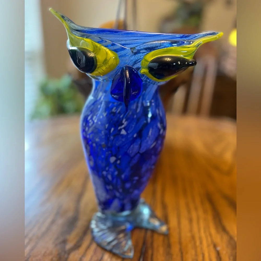 Vintage Murano Glass Hand Blown 12 Inch Tall Blue and Yellow Decorative Owl Vase